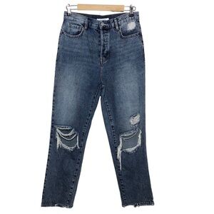 Pacsun Cotton High Rise Ripped Distressed Blue Wash Button Fly Straight Jeans 26